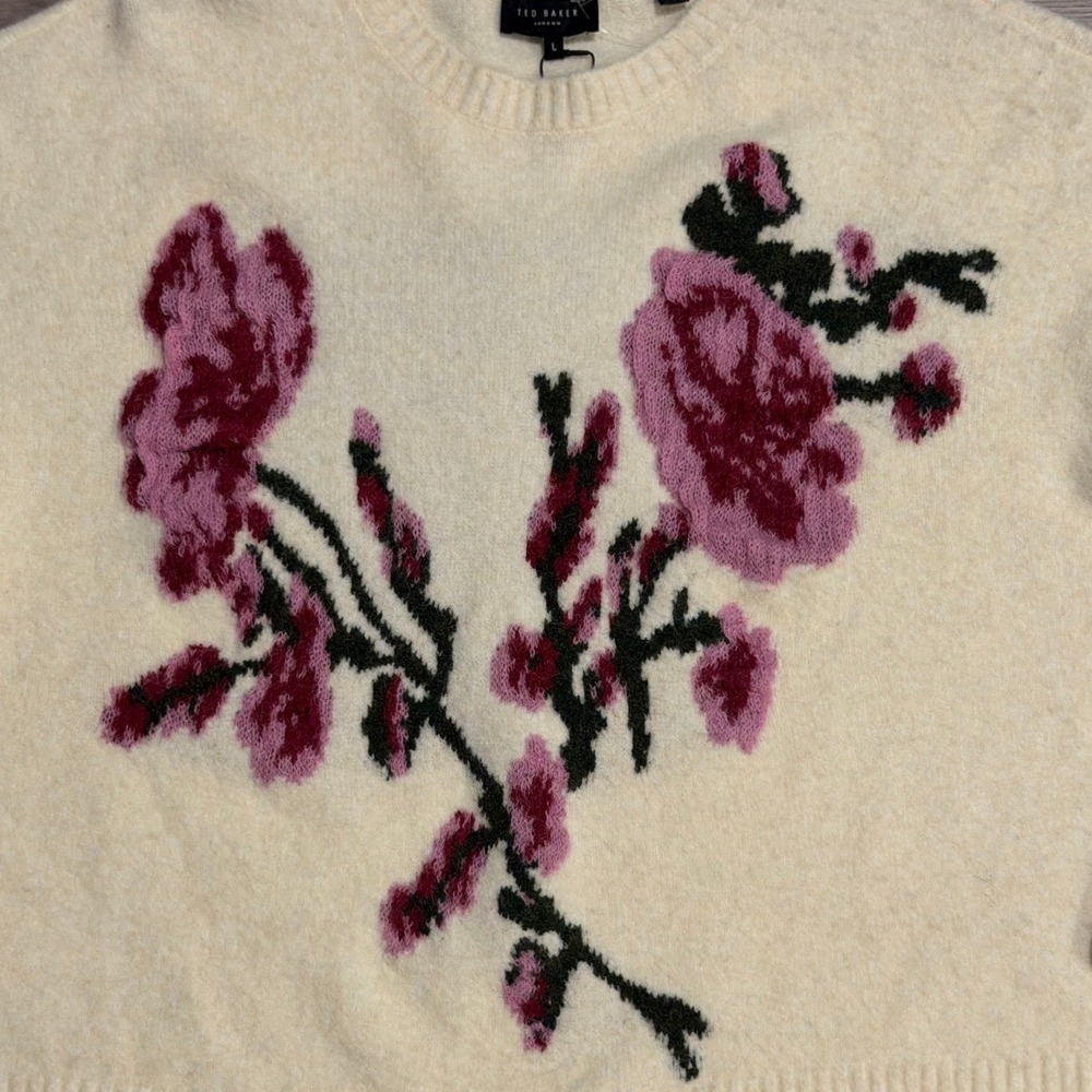 NWT Ted Baker London Floral Embroidered Wool Alpaca Blend Cream Sweater Women M - Picture 4 of 12